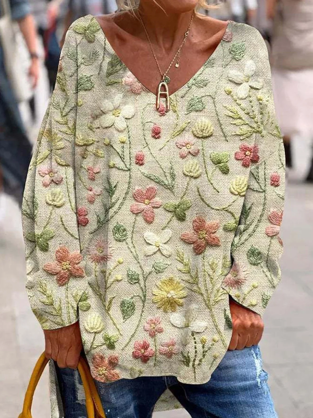 Loose Floral V Neck Casual T-Shirt