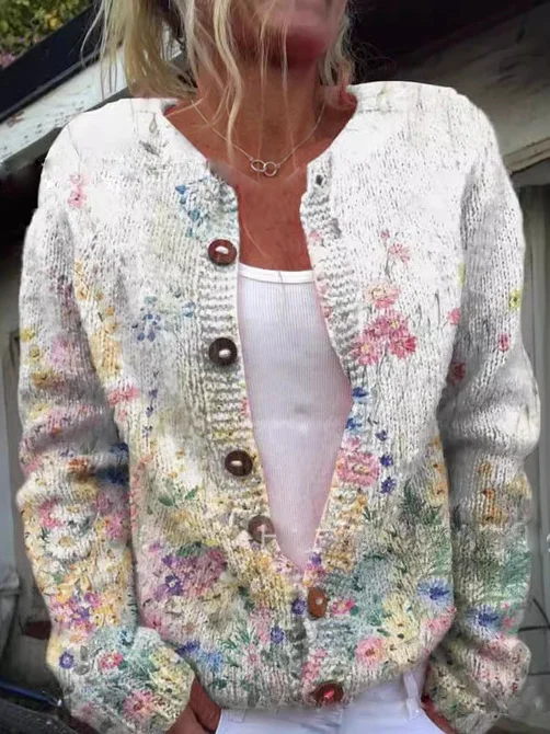 Casual Loose Floral Crew Neck Cardigan