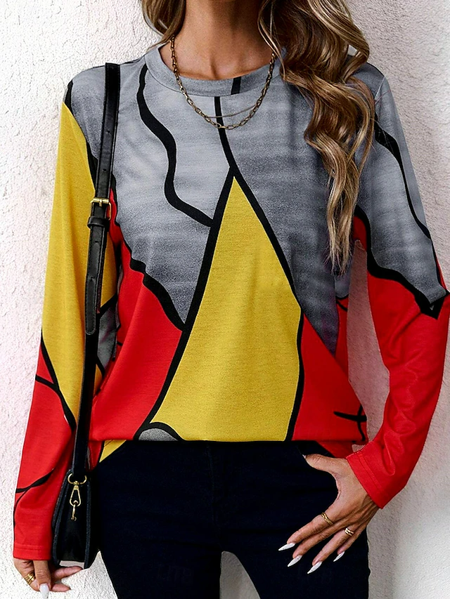 Women's Long Sleeve T-shirt Spring/Fall Gray Geometric Jersey Crew Neck Daily Going Out Casual Top