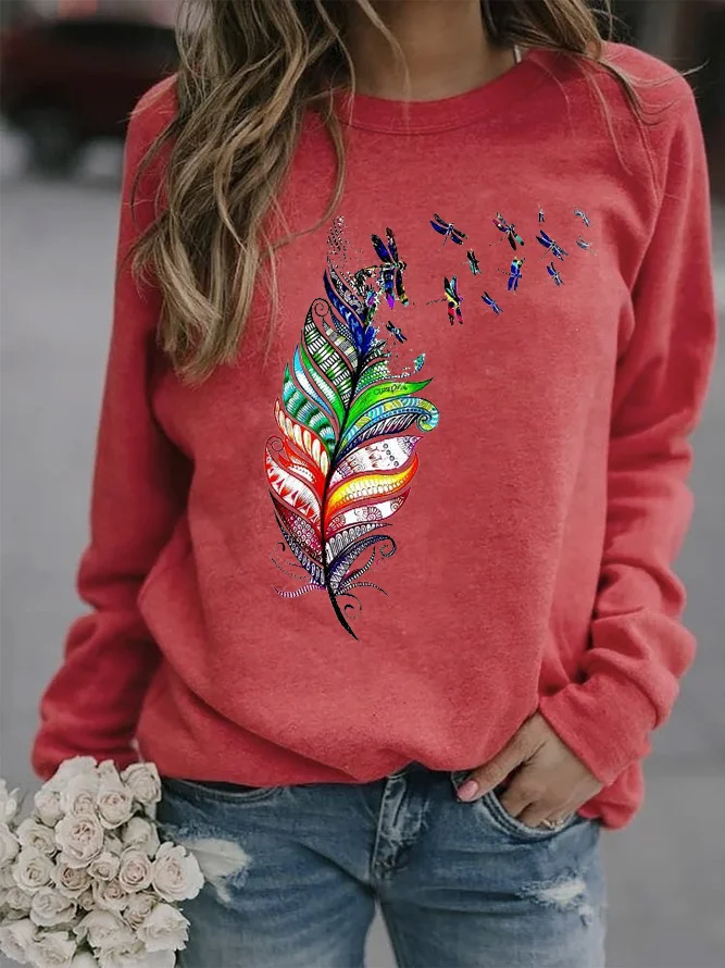 Loose Casual Crew Neck Dragonfly Sweatshirt