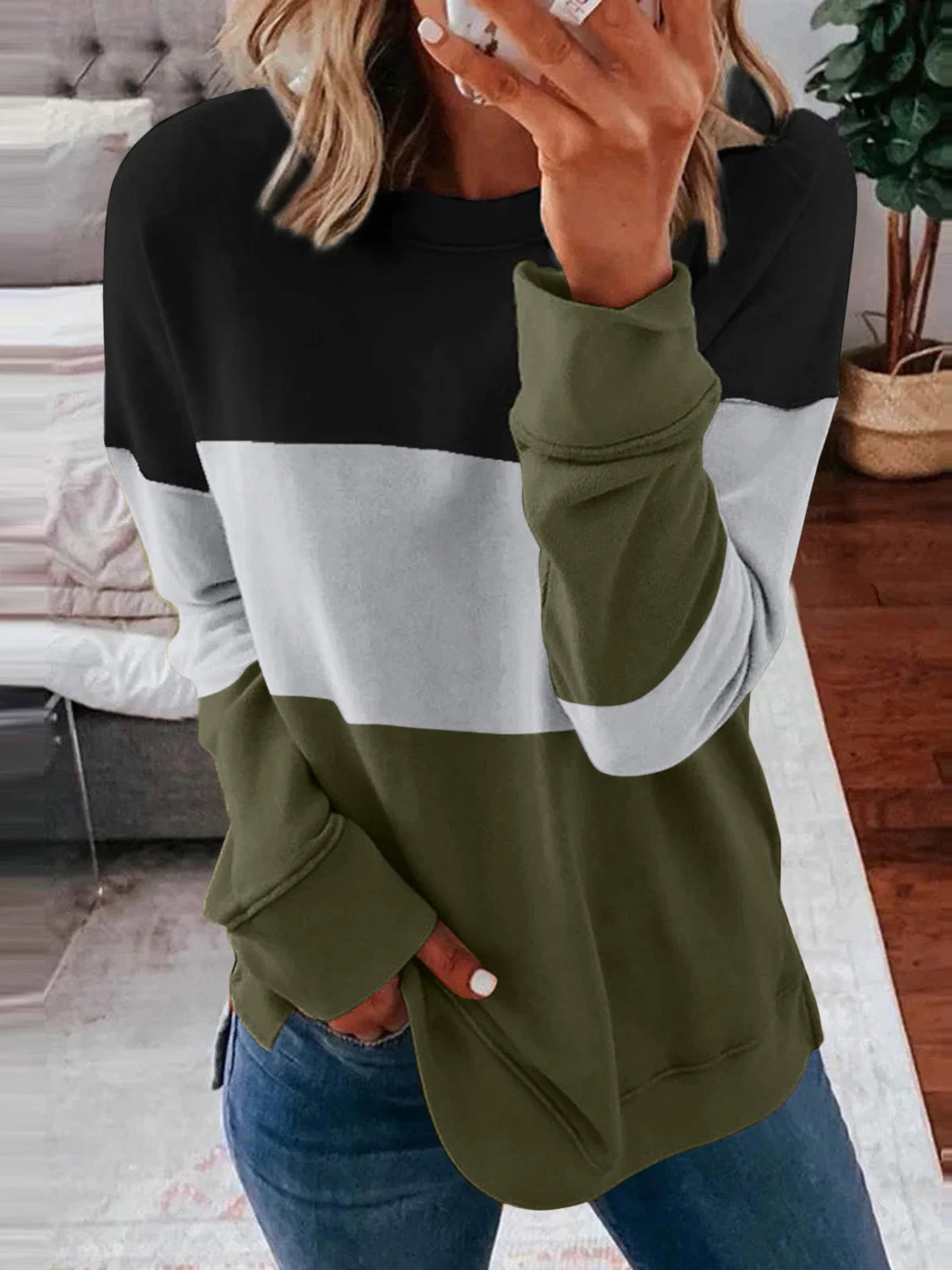 Crew Neck Color Block Casual Sweatshirt