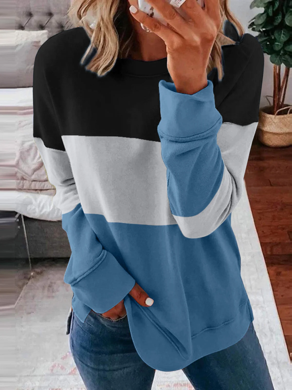 Crew Neck Color Block Casual Sweatshirt