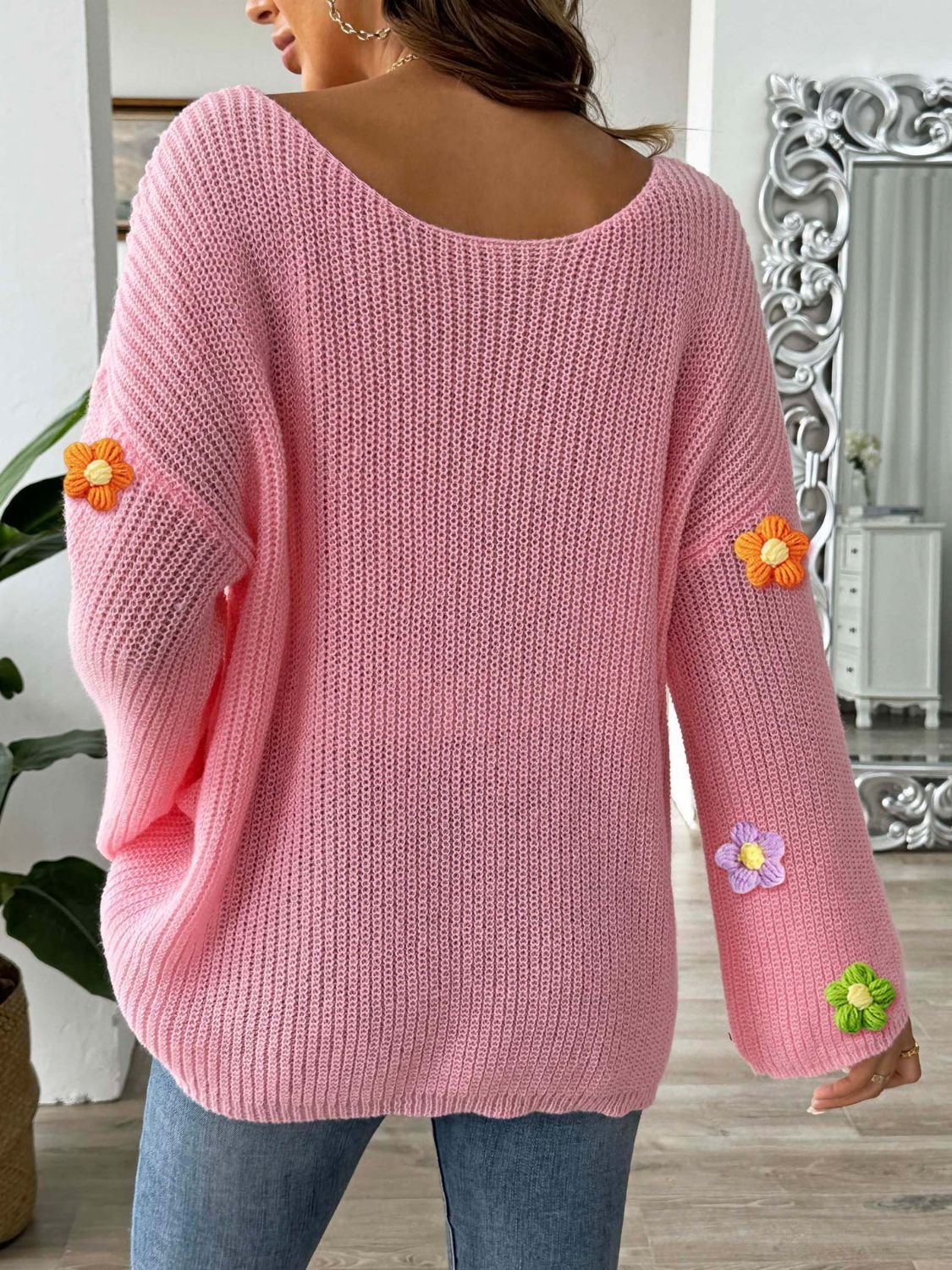 Casual Applique Floral Yarn/Wool Yarn Sweater