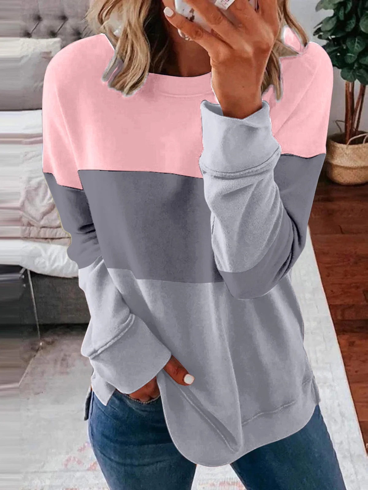 Crew Neck Color Block Casual Sweatshirt