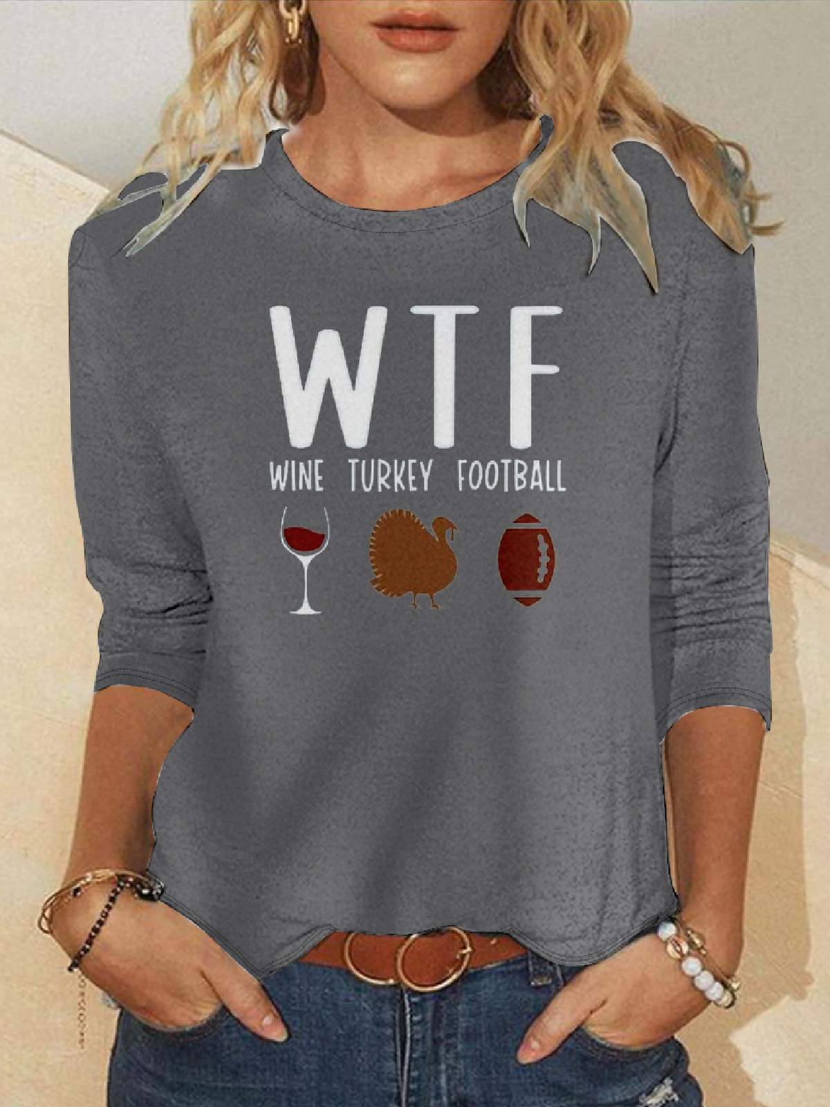 Wtf Wine Turkey Football Casual Text Letters Crew Neck Sweatshirt