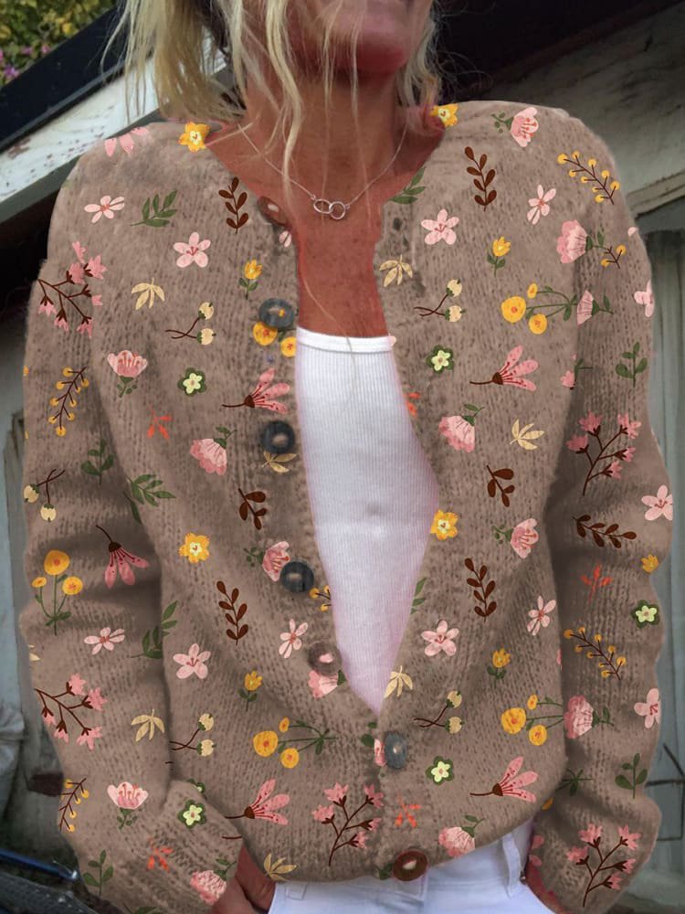 Casual Loose Floral Crew Neck Cardigan