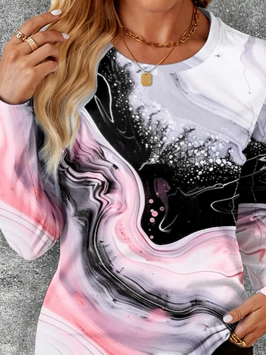 Women's Long Sleeve T-shirt Spring/Fall Pink Abstract Jersey Crew Neck Daily Going Out Casual Top