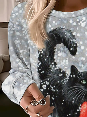 Christmas Cat Round Neck Casual Sweatshirt