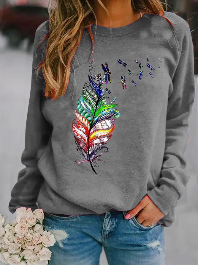 Loose Casual Crew Neck Dragonfly Sweatshirt