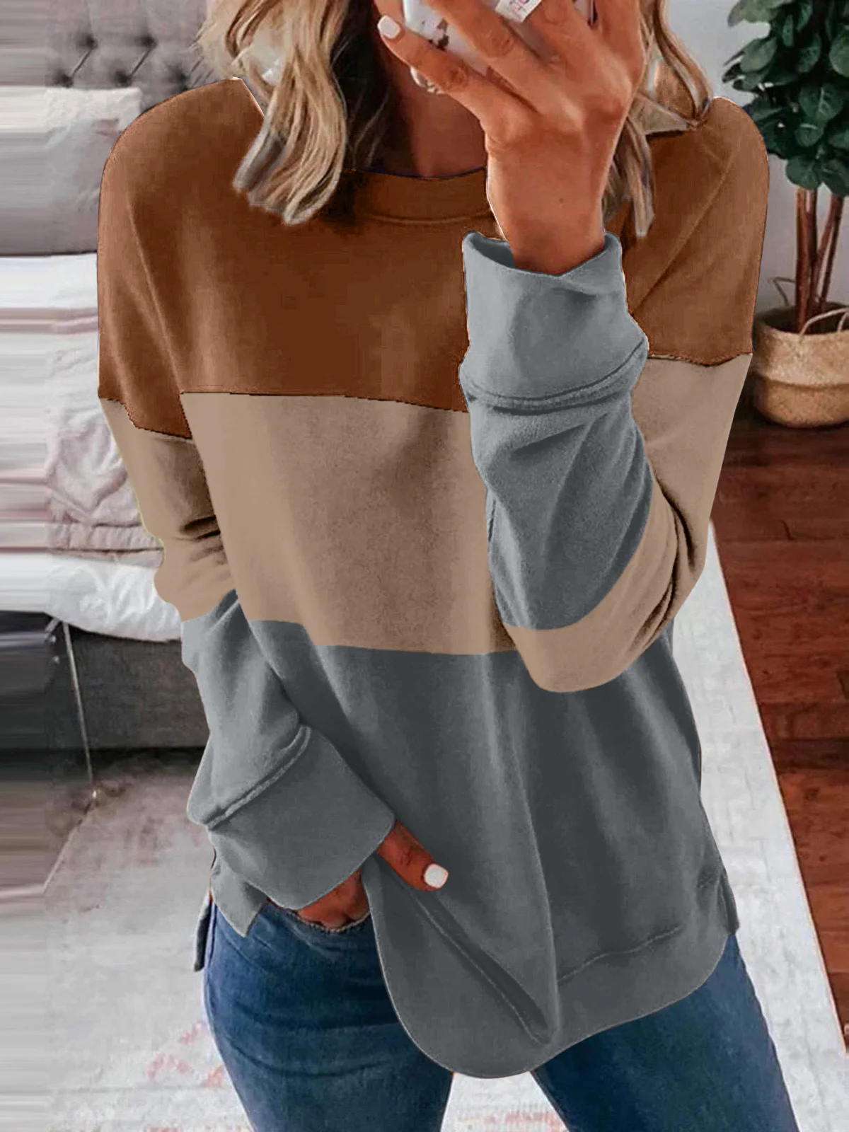 Crew Neck Color Block Casual Sweatshirt