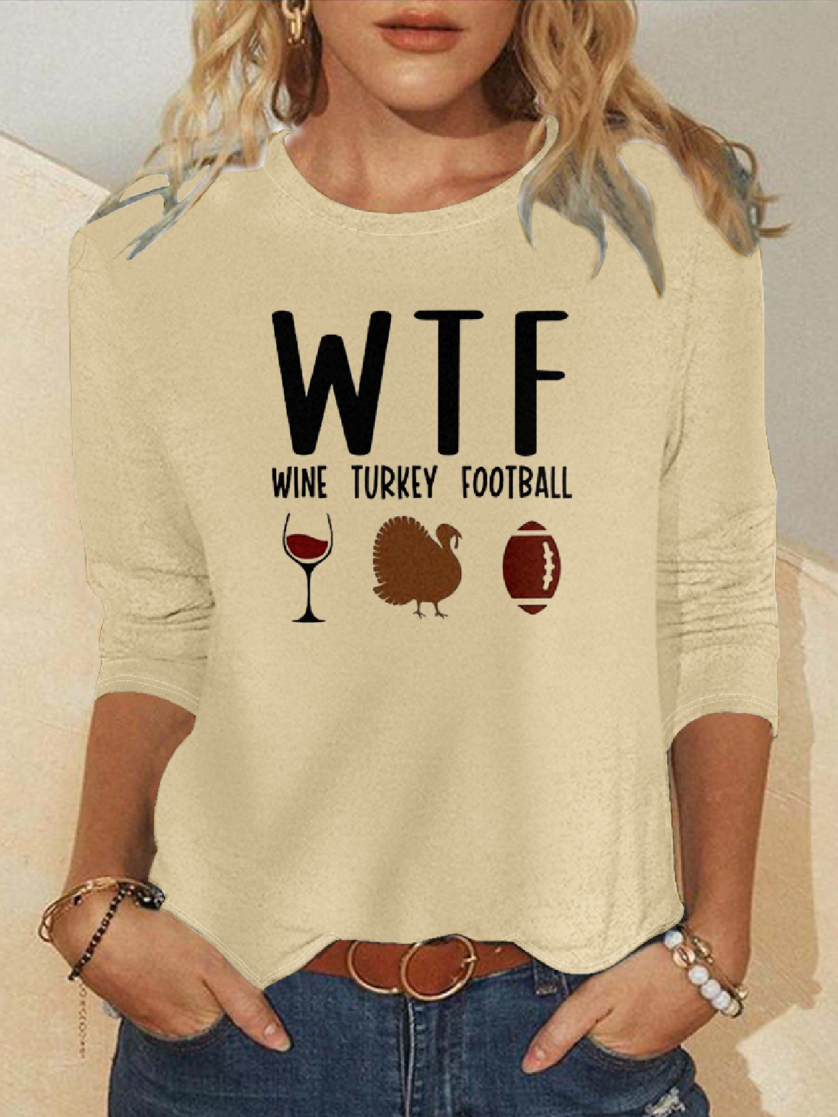 Wtf Wine Turkey Football Casual Text Letters Crew Neck Sweatshirt