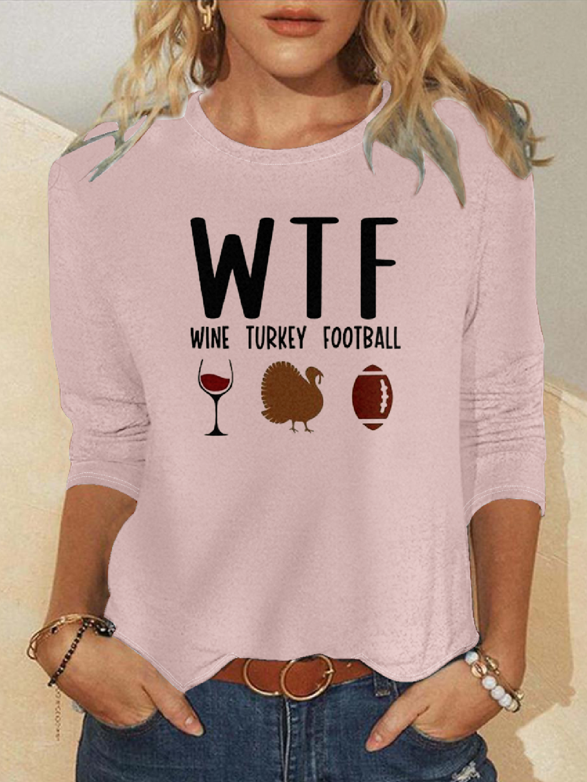 Wtf Wine Turkey Football Casual Text Letters Crew Neck Sweatshirt