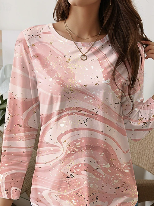 Women's Long Sleeve T-shirt Spring/Fall Pink Abstract Jersey Crew Neck Daily Going Out Casual Top