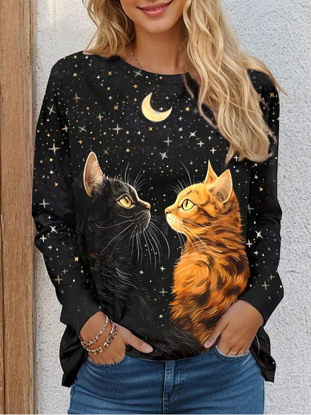 Women's Long Sleeve T-shirt Spring/Fall Black Cat Jersey Crew Neck Daily Going Out Casual Top