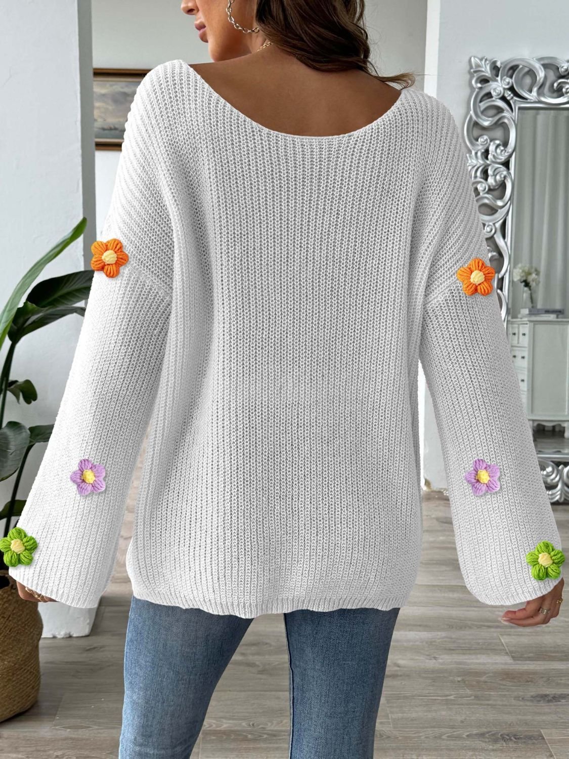 Casual Applique Floral Yarn/Wool Yarn Sweater