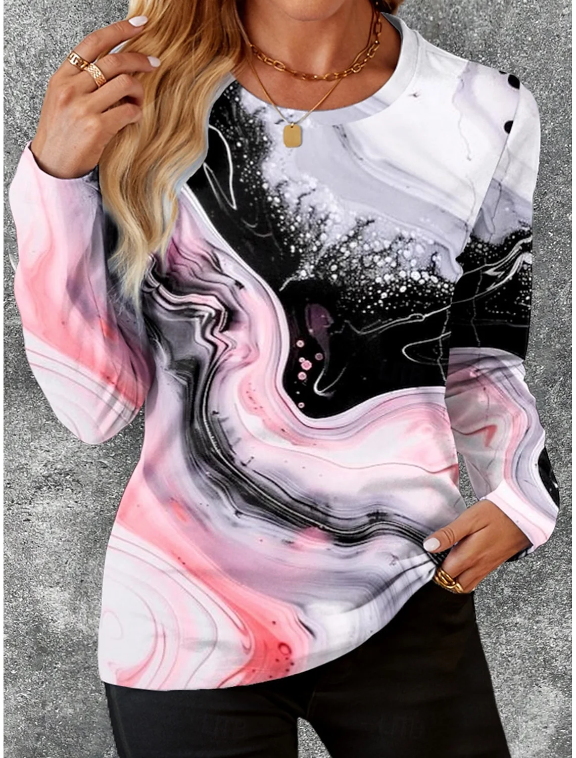 Women's Long Sleeve T-shirt Spring/Fall Pink Abstract Jersey Crew Neck Daily Going Out Casual Top