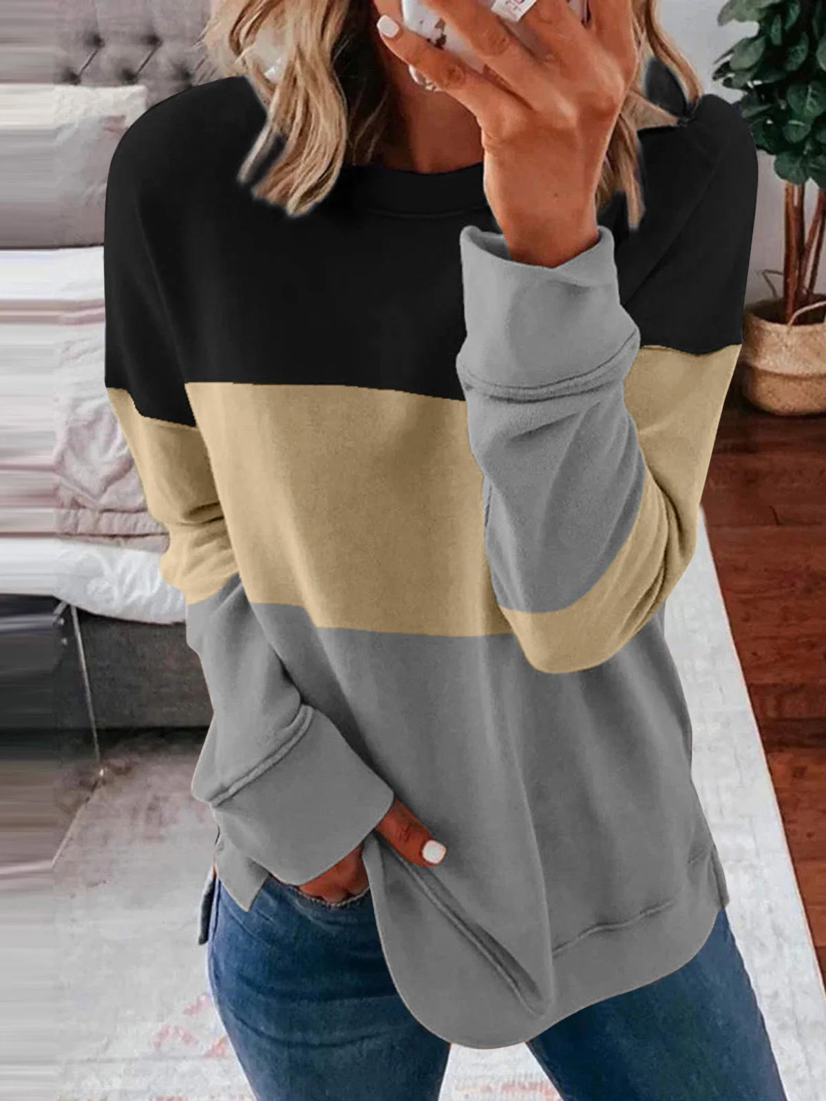 Crew Neck Color Block Casual Sweatshirt