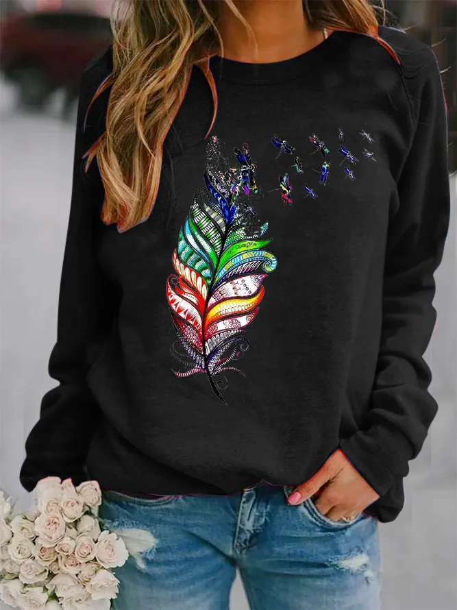 Loose Casual Crew Neck Dragonfly Sweatshirt