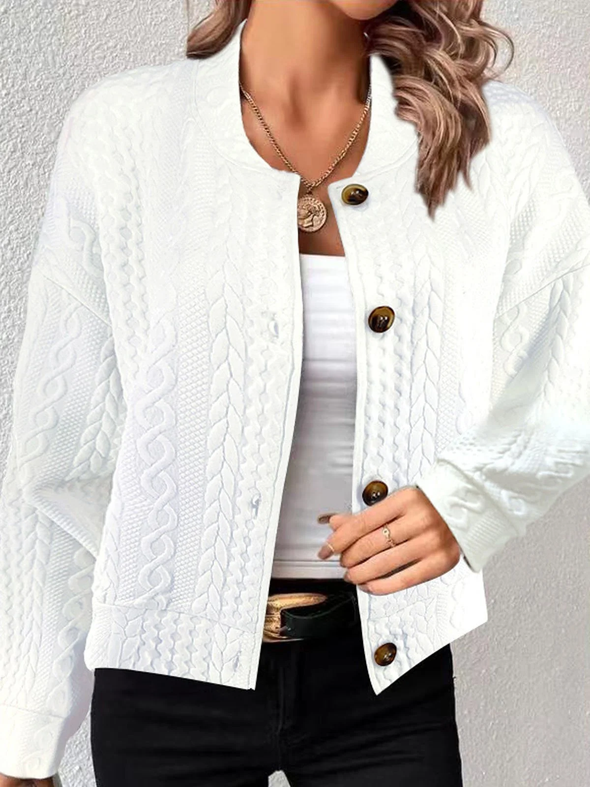 Casual loose solid color single row button jacquard long sleeved jacket