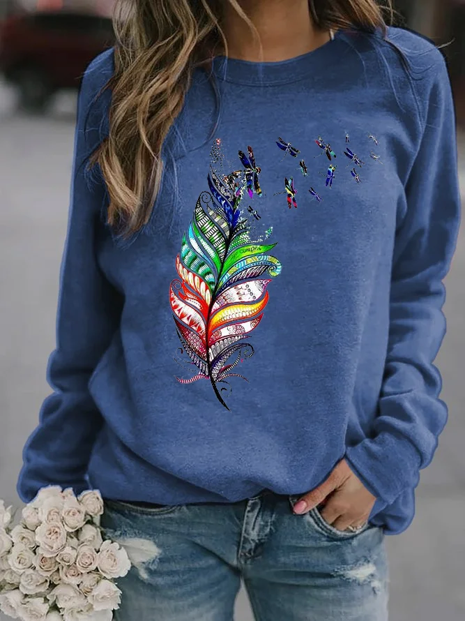 Loose Casual Crew Neck Dragonfly Sweatshirt