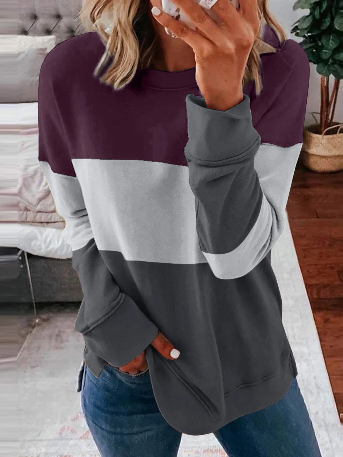 Crew Neck Color Block Casual Sweatshirt