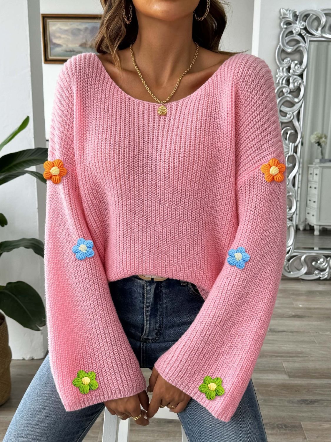 Casual Applique Floral Yarn/Wool Yarn Sweater