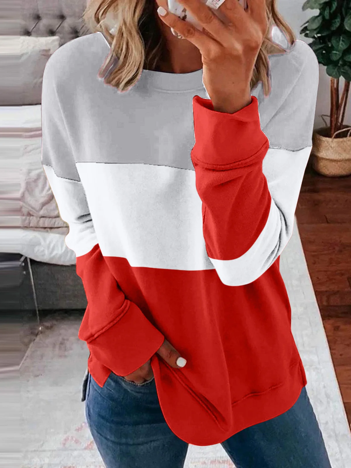 Crew Neck Color Block Casual Sweatshirt