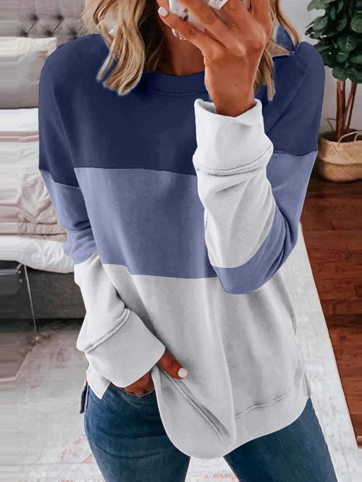 Crew Neck Color Block Casual Sweatshirt