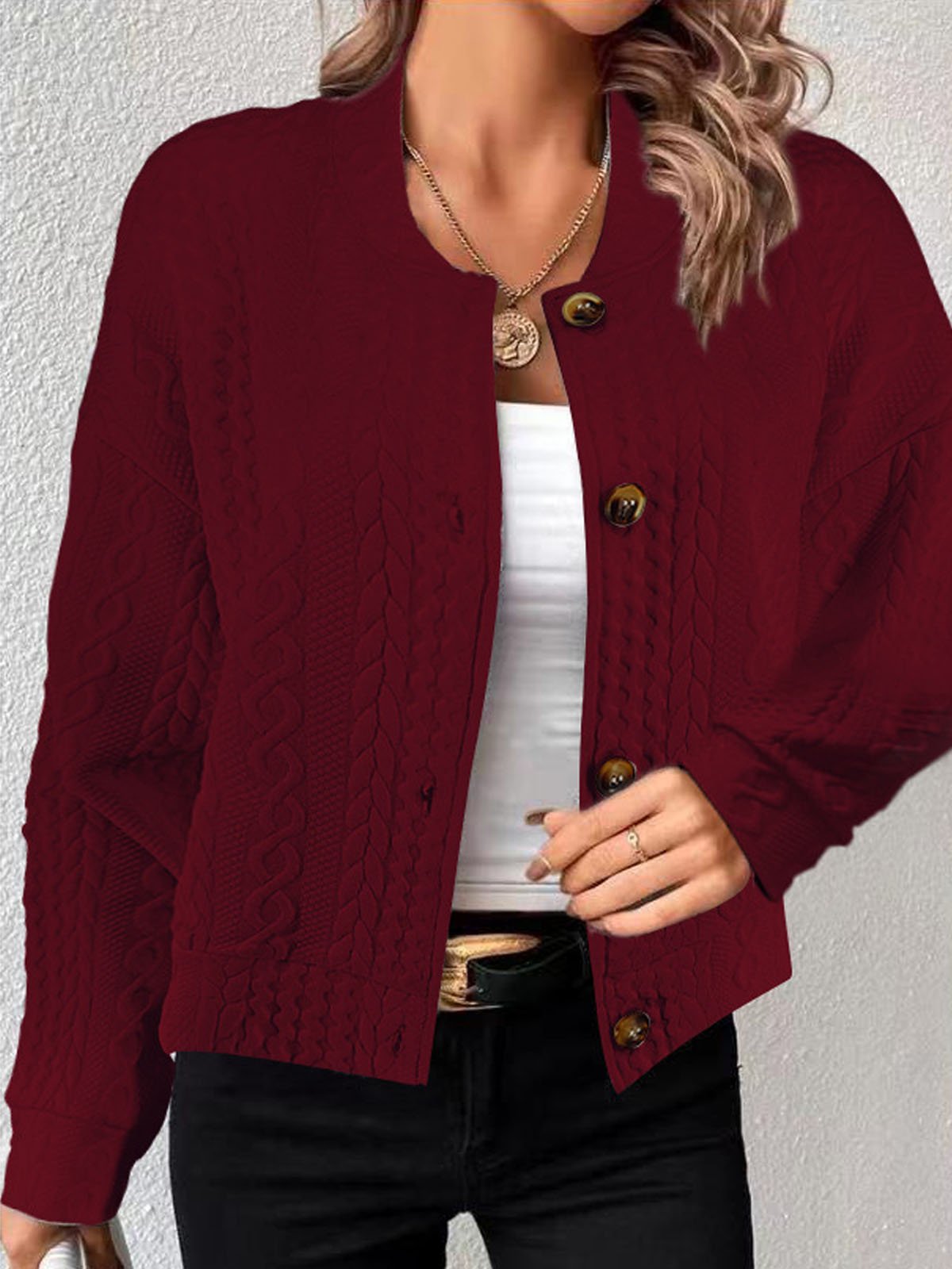 Casual loose solid color single row button jacquard long sleeved jacket