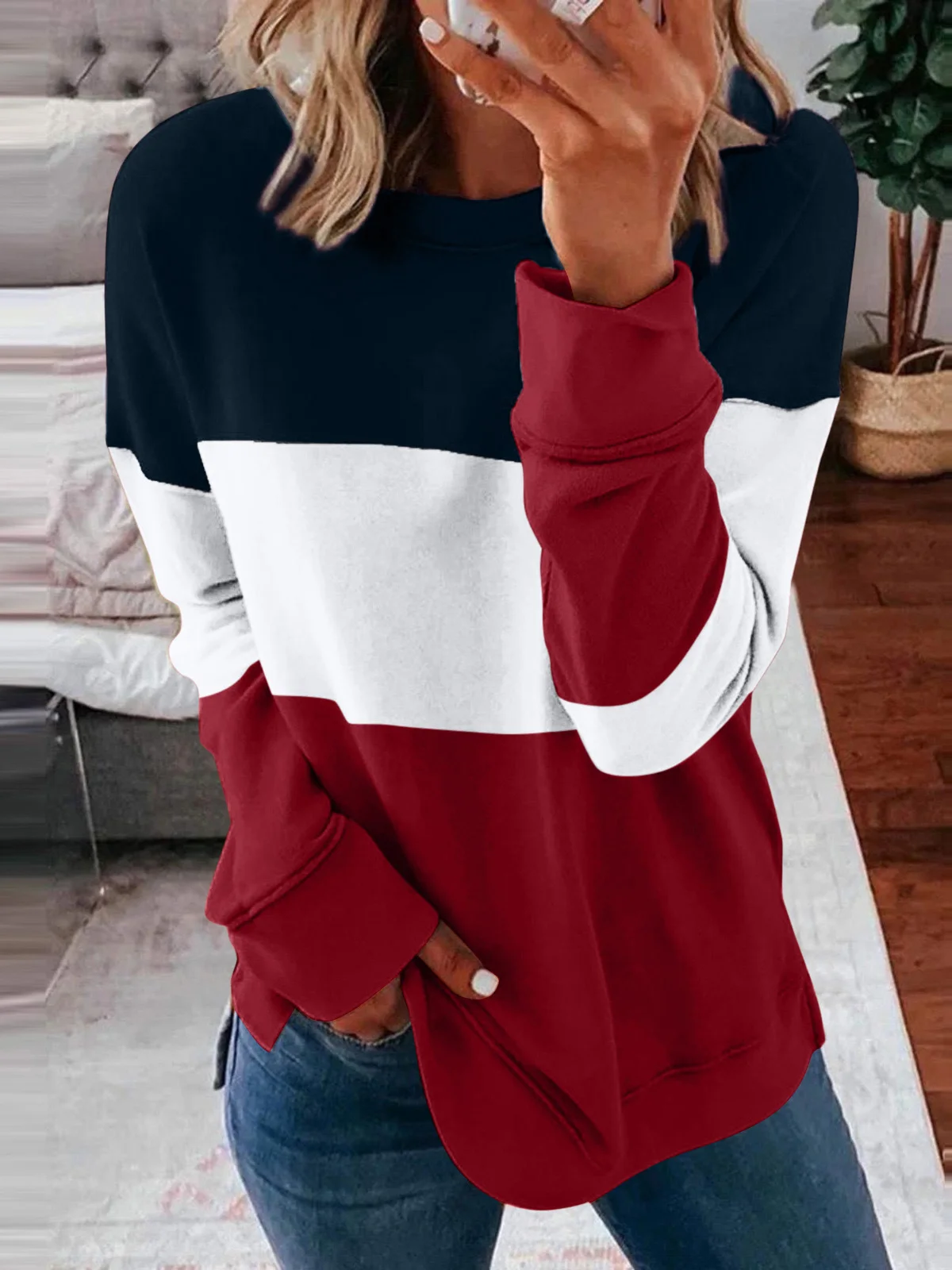 Crew Neck Color Block Casual Sweatshirt