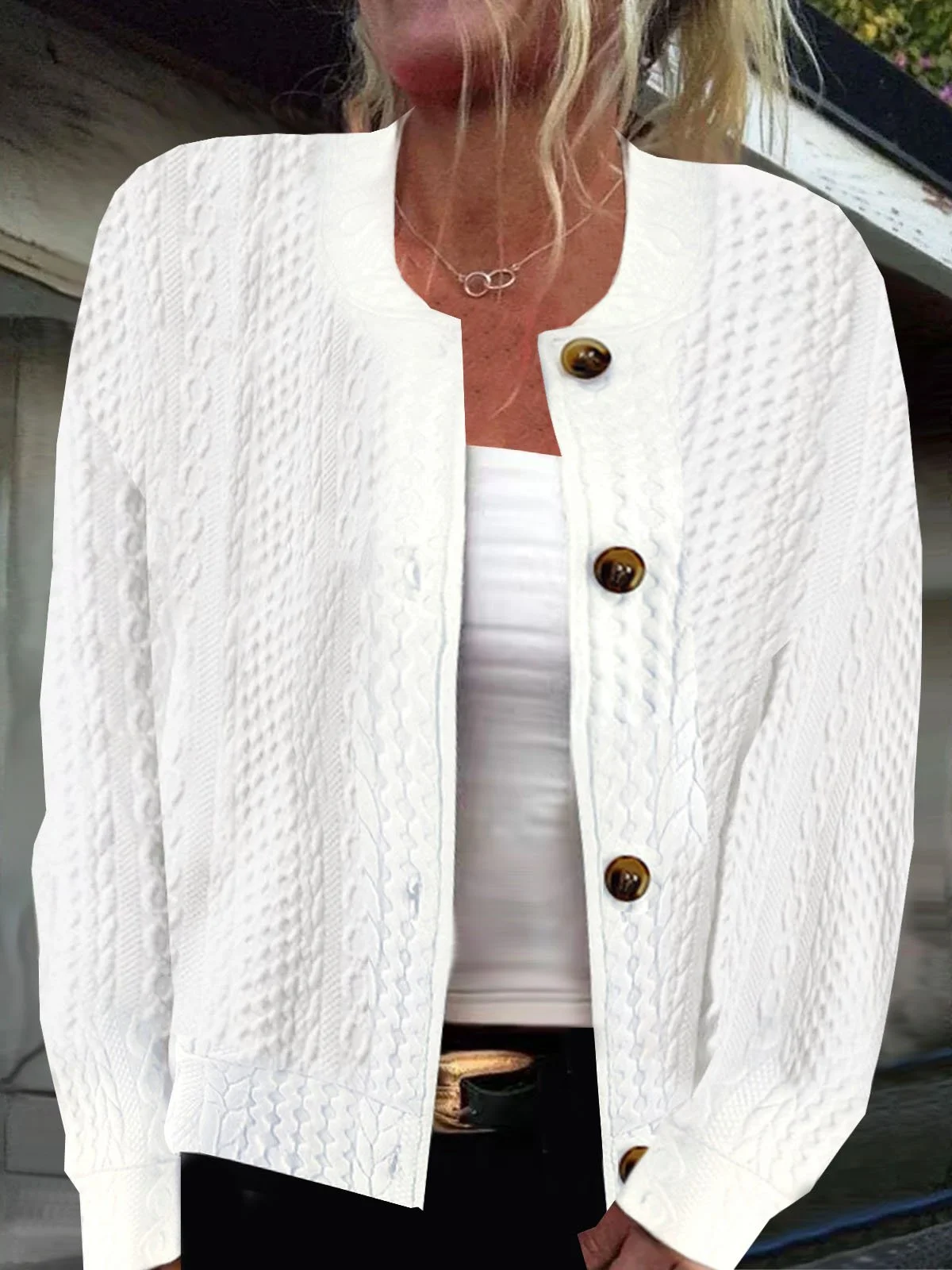 Casual loose solid color single row button jacquard long sleeved jacket