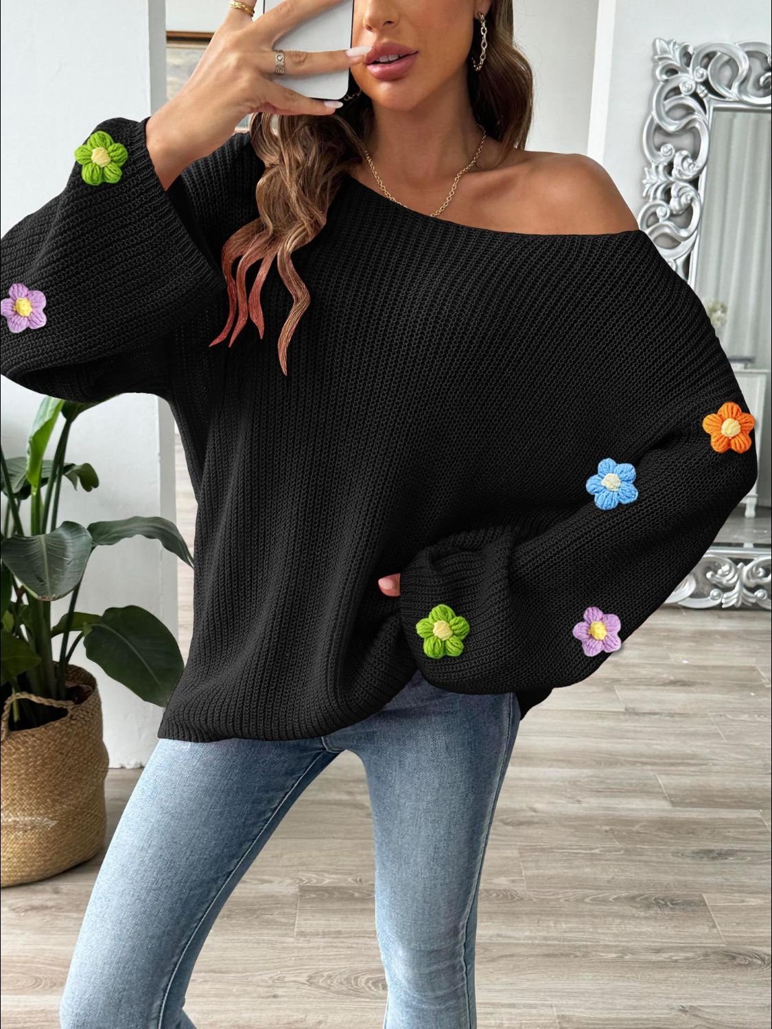 Casual Applique Floral Yarn/Wool Yarn Sweater