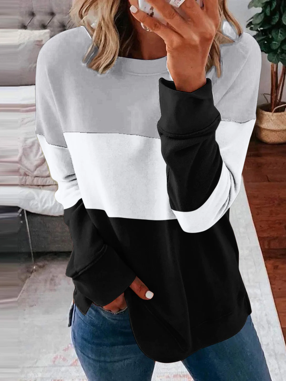 Crew Neck Color Block Casual Sweatshirt