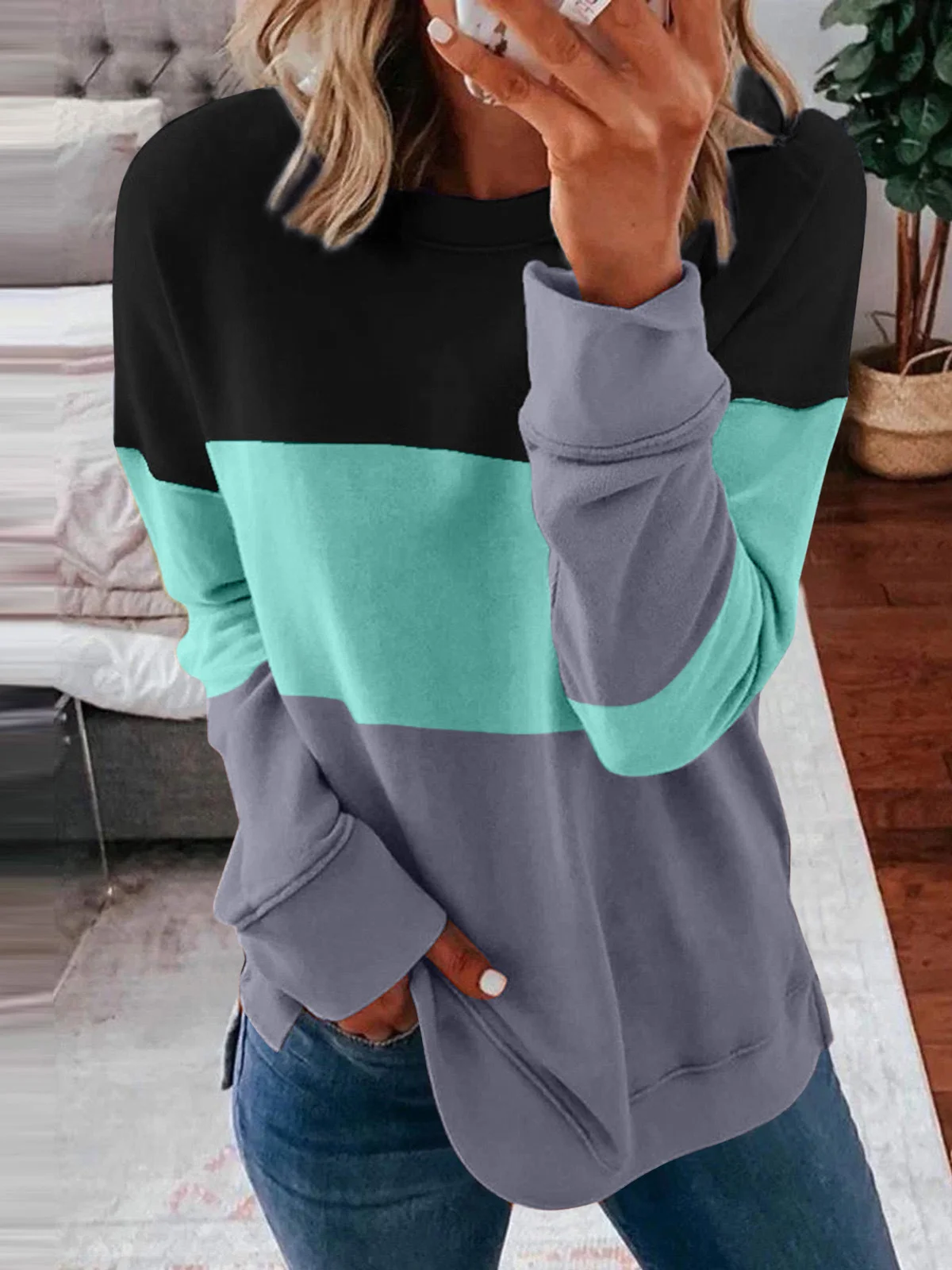 Crew Neck Color Block Casual Sweatshirt