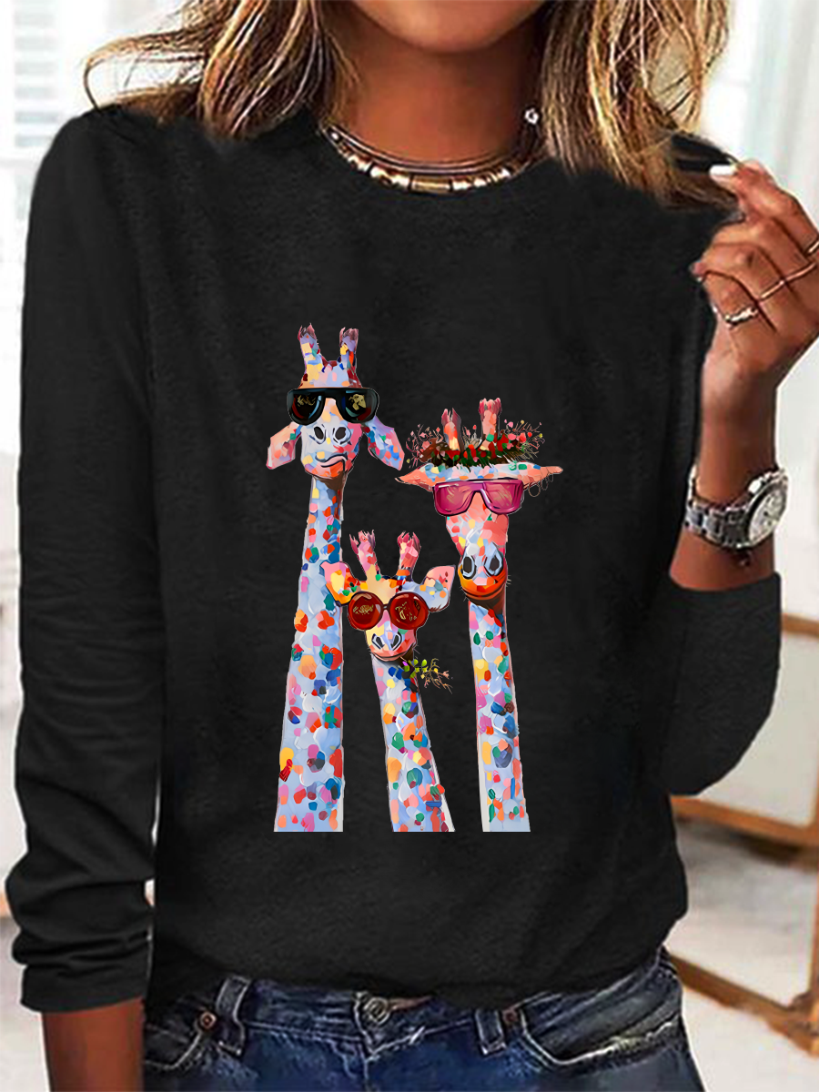 Women's Oil Painting Funny Giraffe Print Casual Long Sleeve Shirt
