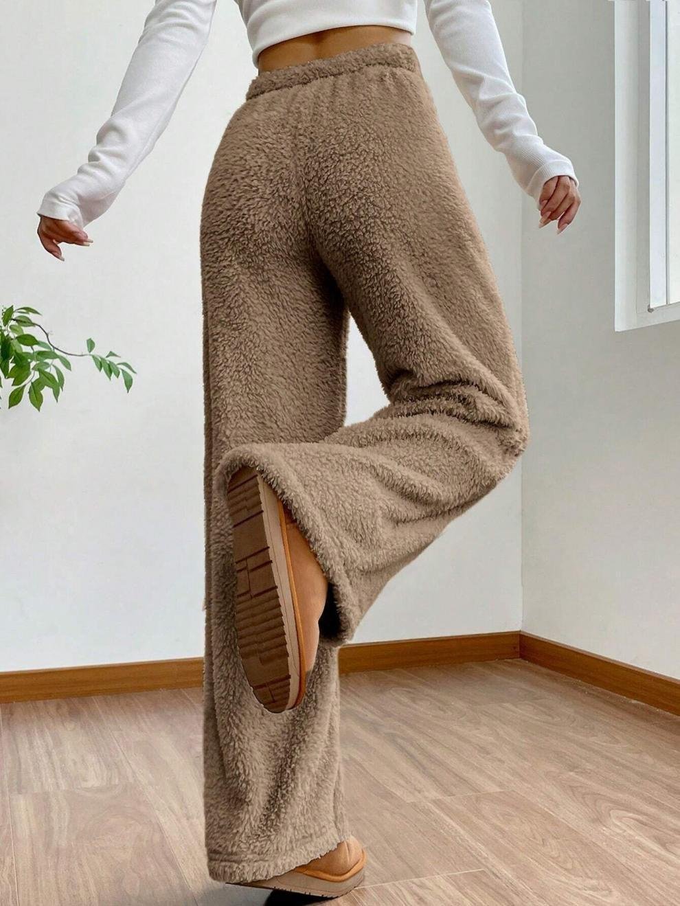 Fluff/Granular Fleece Fabric Casual Plain Pants