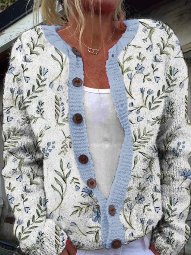 Blue Floral Casual Cardigan