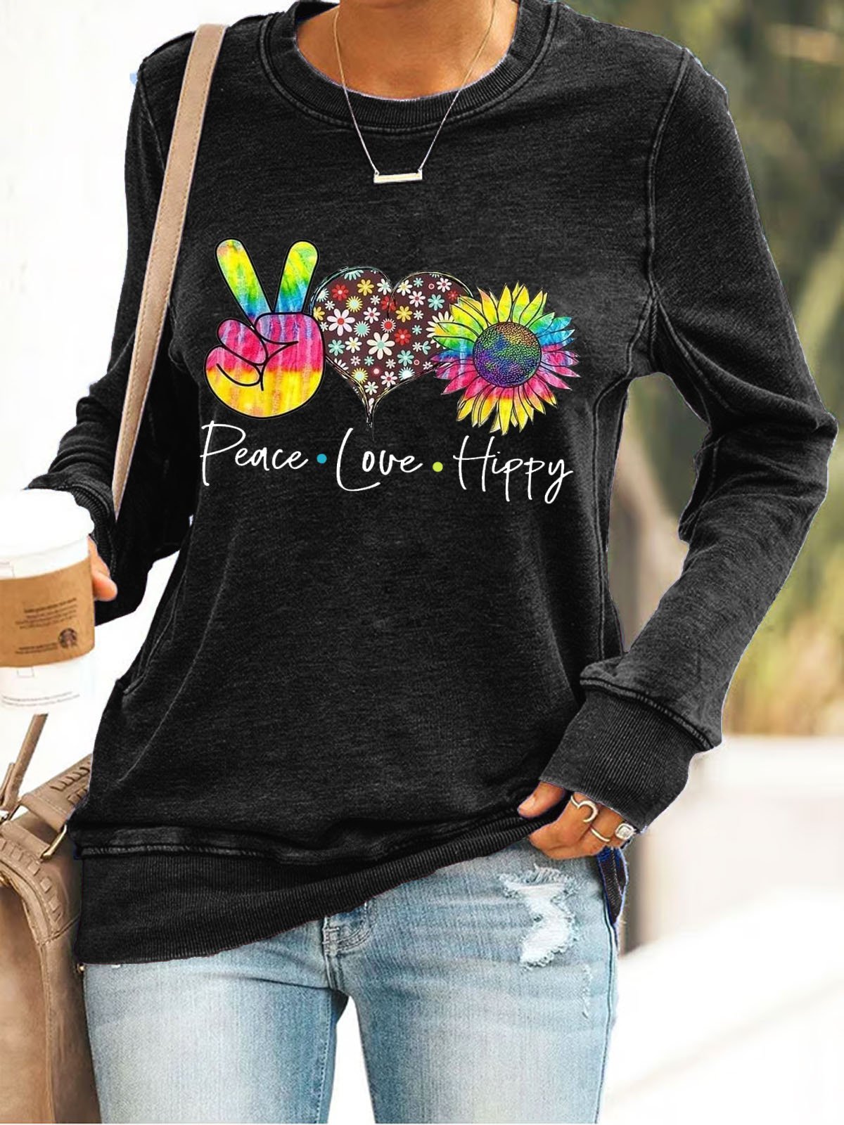 Hippie print round neck pullover sweatshirt