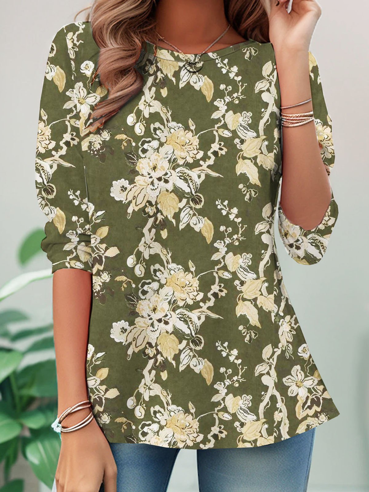 Floral printed casual round neck T-shirt