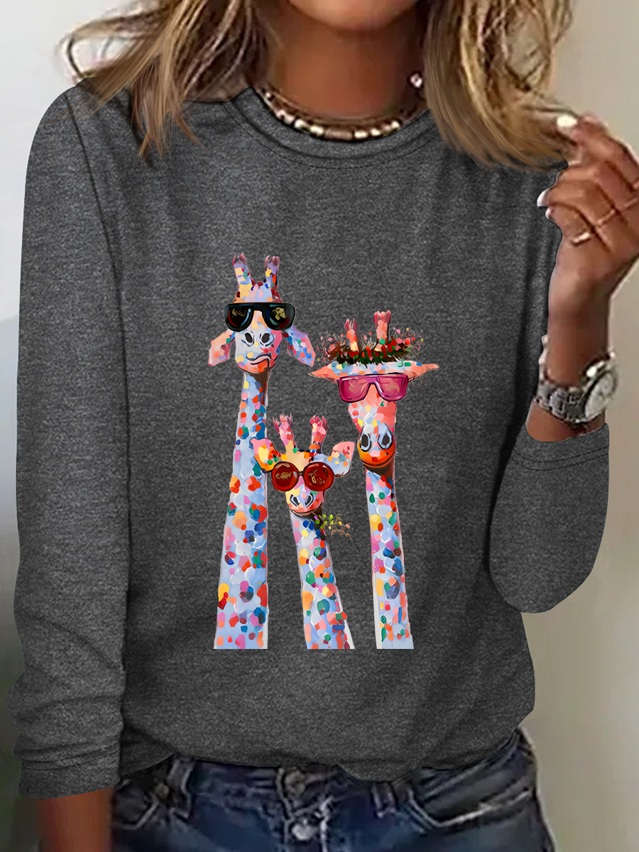 Women's Oil Painting Funny Giraffe Print Casual Long Sleeve Shirt