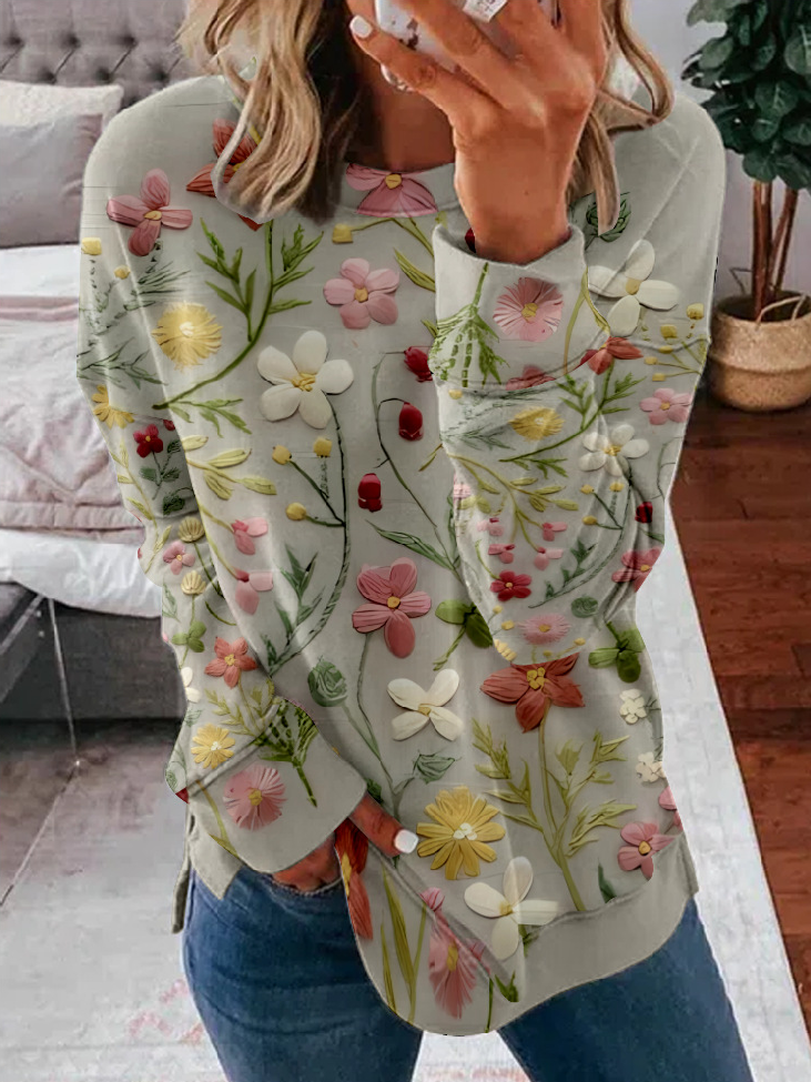 Floral Zipper Casual Sweatshirt