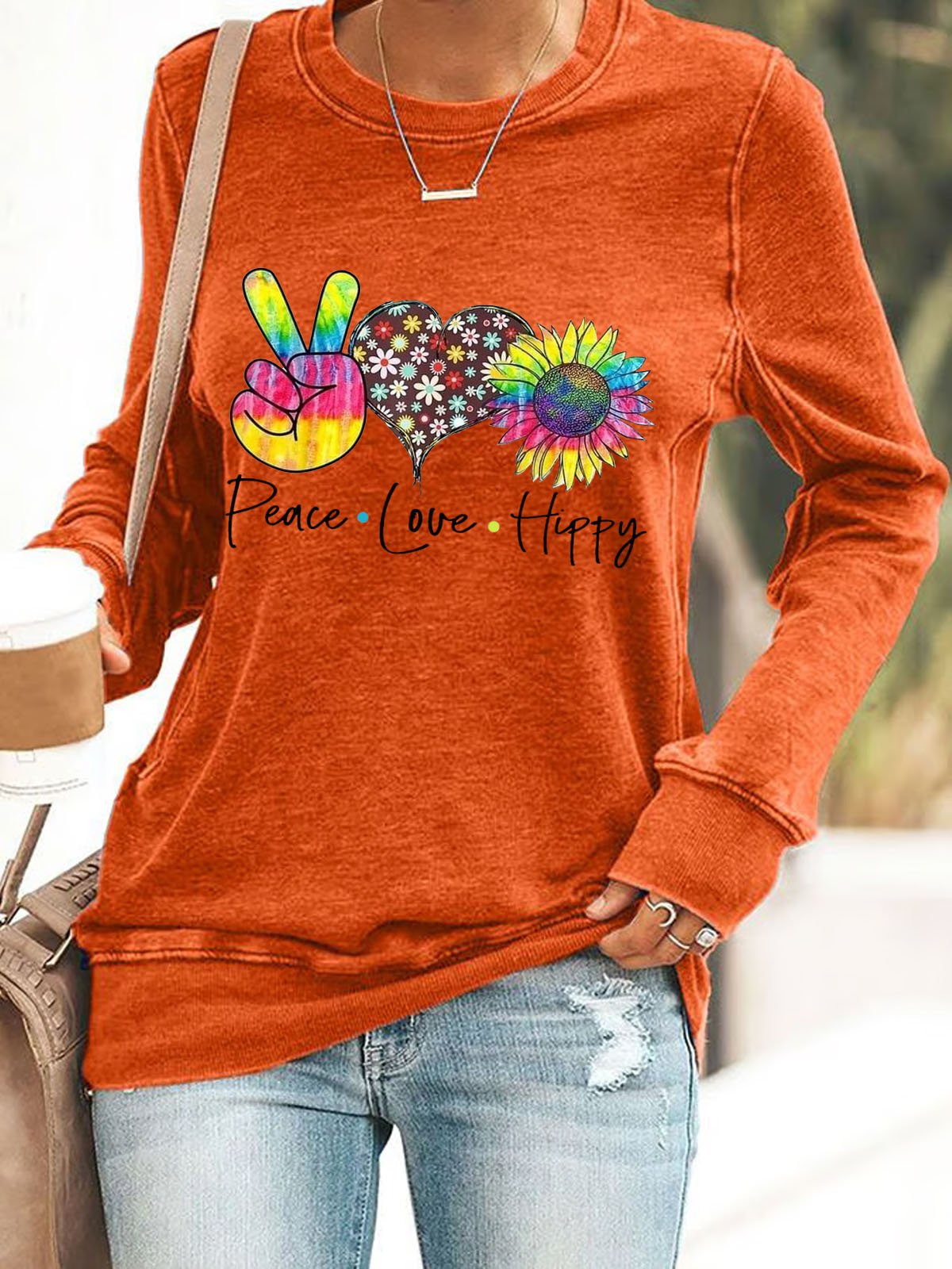 Hippie print round neck pullover sweatshirt