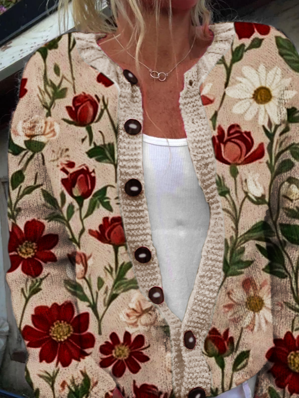 Red floral Casual Crew Neck Knitted Cardigan