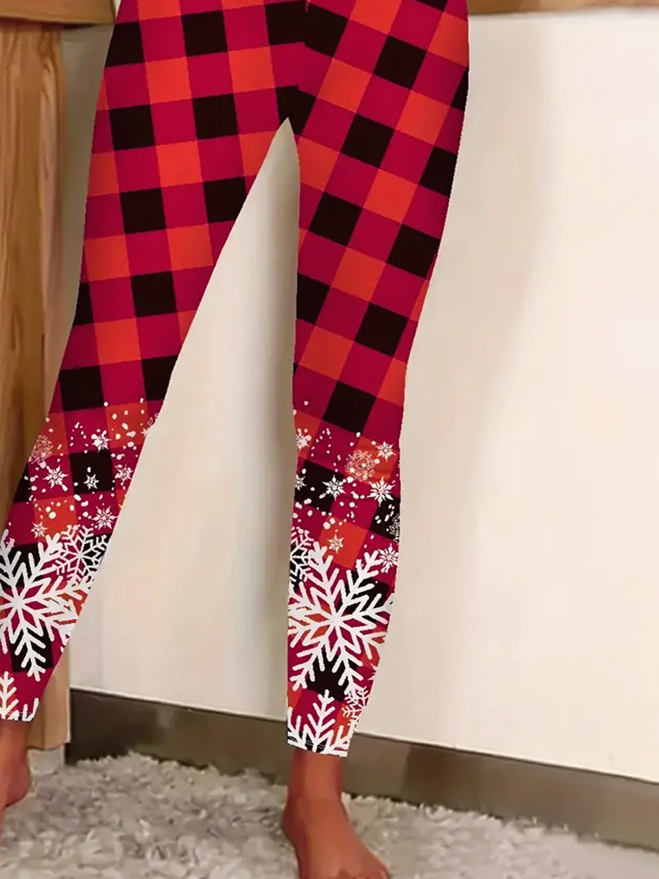 Christmas red checkered snowflake tight leggings