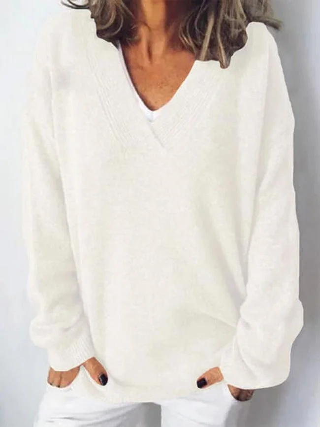 V Neck Yarn/Wool Yarn Loose Casual Sweater