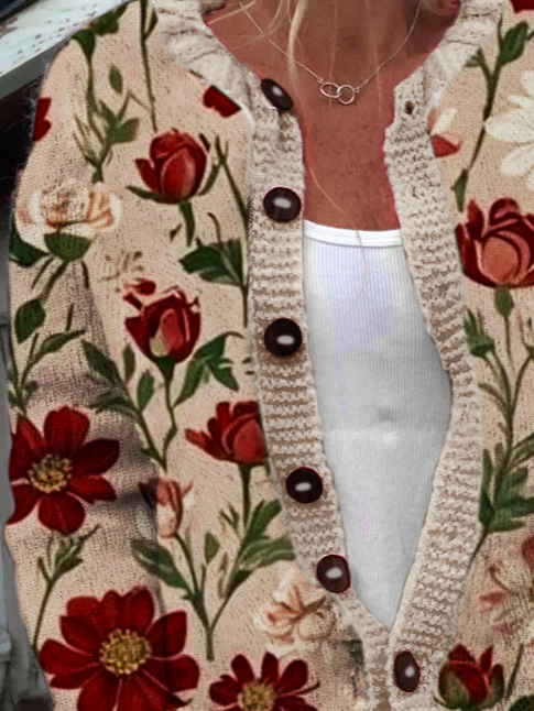 Red floral Casual Crew Neck Knitted Cardigan