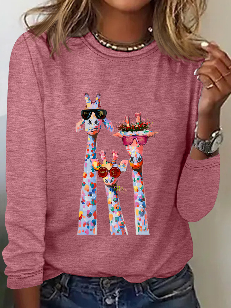 Women's Oil Painting Funny Giraffe Print Casual Long Sleeve Shirt