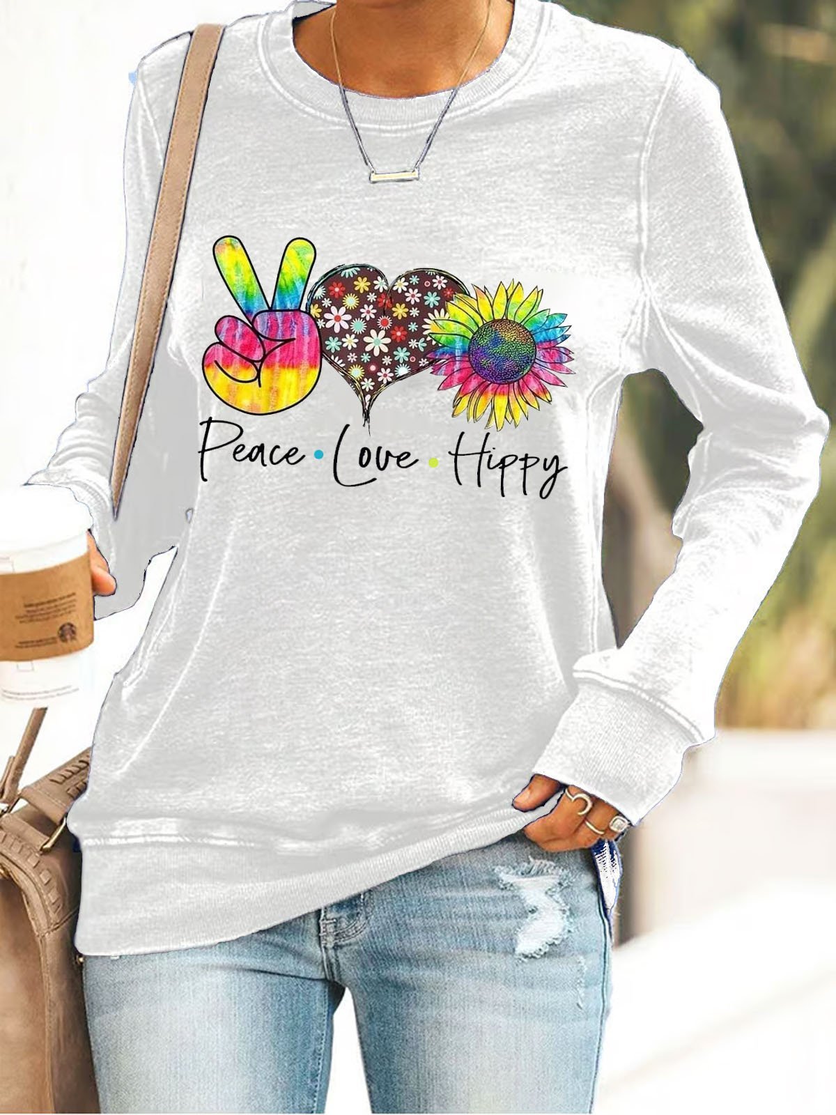 Hippie print round neck pullover sweatshirt