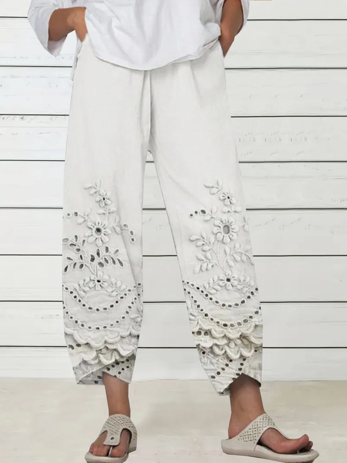 Loose Floral Pocket Stitching Casual Pants