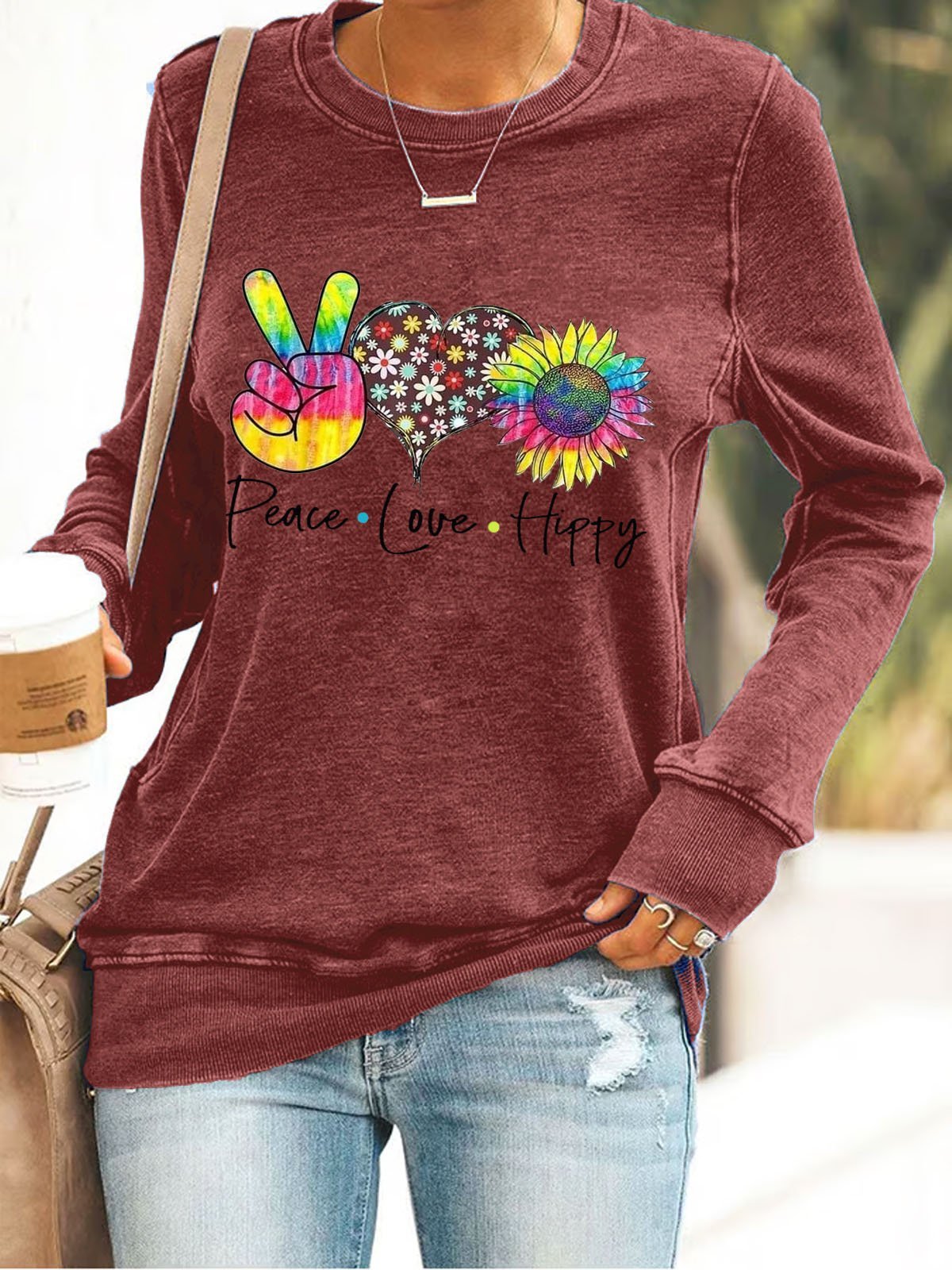 Hippie print round neck pullover sweatshirt